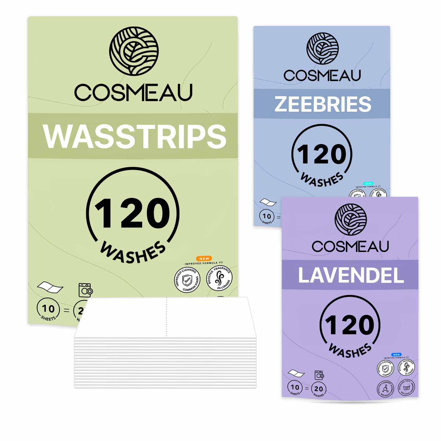 Cosmeau Wasstrips Wasmiddel Jaarvoorraad 3x 120 Lentefris, Zeebries, Lavendel